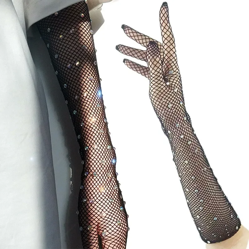 Women Sexy Fishnet Rhinestone Long Gloves Stretchy Flash Diamond Full Finger Ultra-Thin Mesh Gloves Exotic Party Costume Mittens