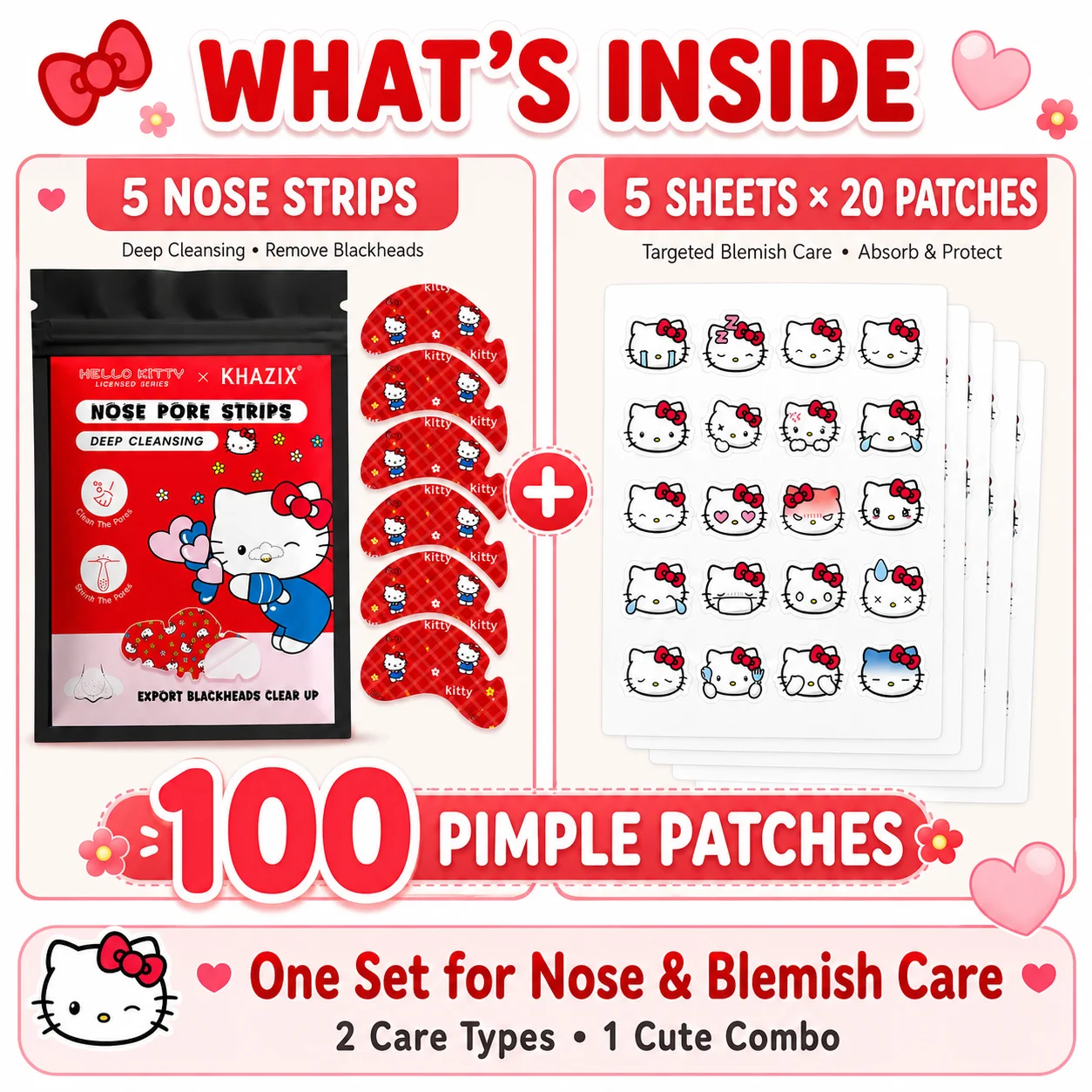 Sanrio Hello Kitty 105PCS Hydrocolloid Pimple Patch Set, 100 Blemish Patches + 5 Nose Strips, Cute Skin Care Stickers