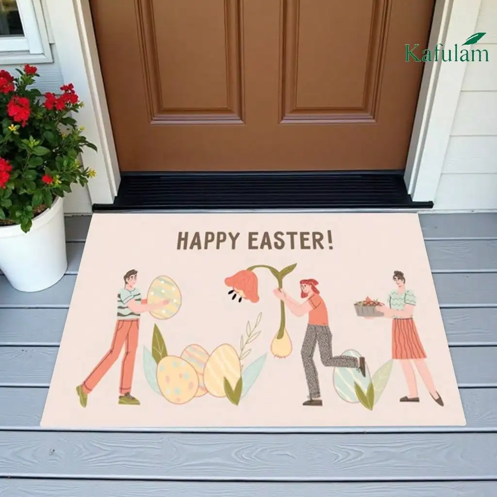 A Luxurious Flannel Doormat Featuring A Design Of Three People Celebrating Easter. Suitable Doorways, Bathrooms, Bedrooms, Kitchens, Entryways, And Living