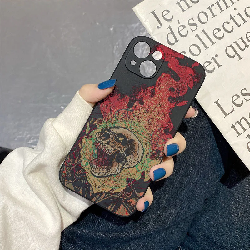 Abstract Ghost Skeleton Red Fire Phone Case Cover for iPhone 15 14 13 12 11 Pro Max XR 7 Plus Case Best Gift for Boys Boyfriend