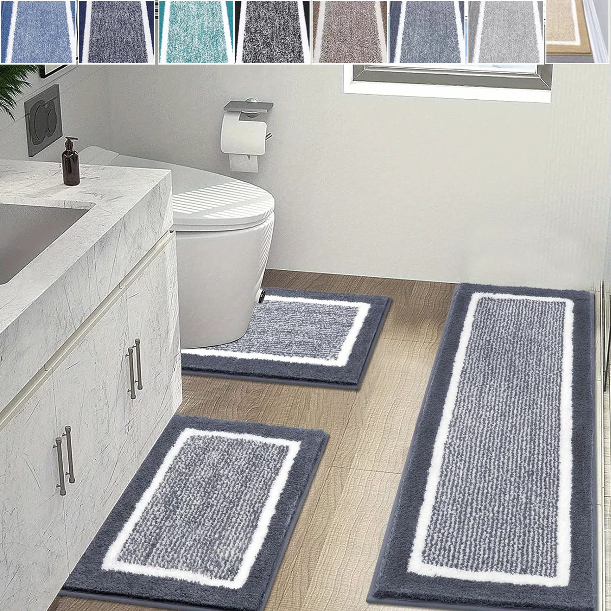 American Minimalist Bathroom Mat 3PCS Washable Non‑Slip Bath Rug Super Absorbent U‑Shaped Toilet Mat Long Kitchen Runner Carpet