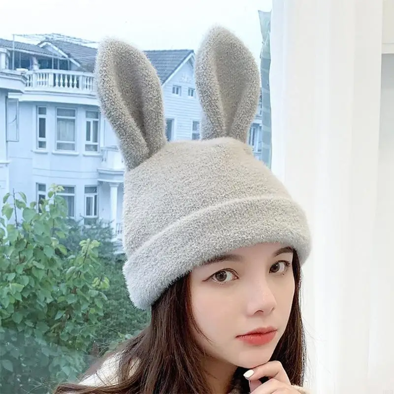 Bonnets tricotés pour femmes, Harajuku, Skullies, chapeau mignon, oreilles lapin, mode chaud épais, couleur unie, crâne