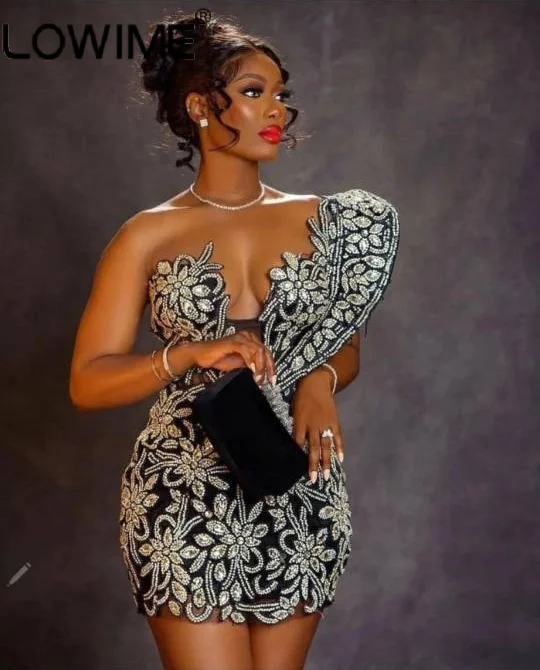 

African Fashion One Shoulder Short Prom Dresses for Black Girls Glittery Sexy Mini Cocktail Night Clubbing Party Gowns