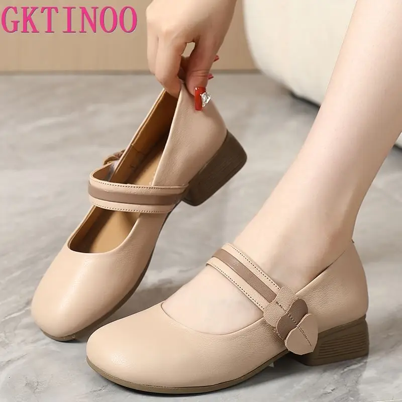 GKTINOO 2024 Autumn New Fashion Pumps Handmade Flower Large Size Shoes Woman Thick Low Heels Soft Soles Genuine Leather Shoes