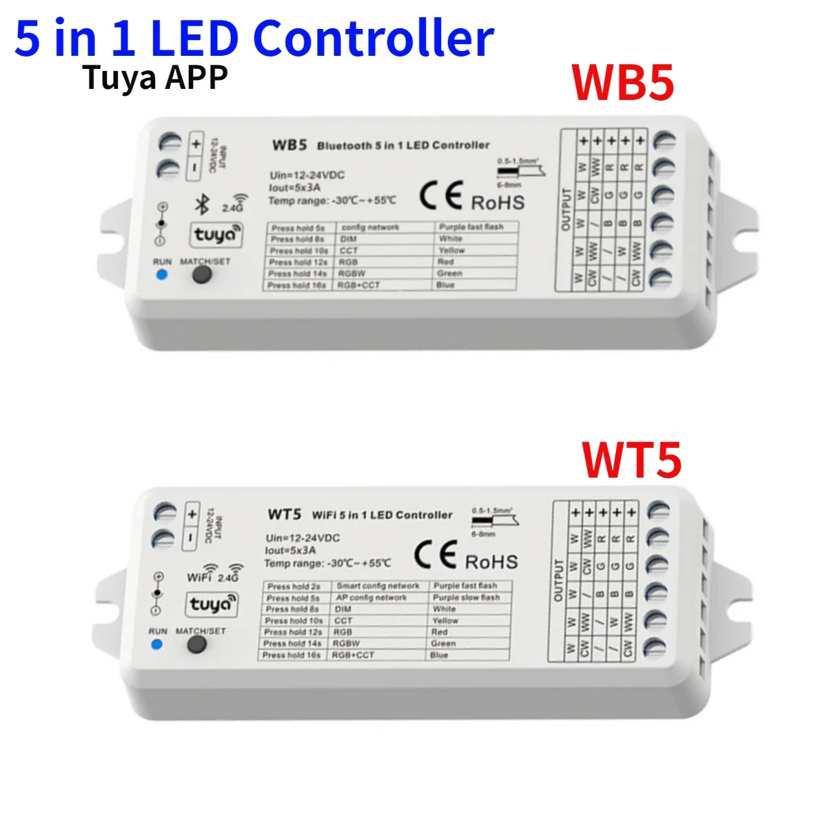 

WT5 WiFi / WB5 Bluetooth Smart 5 In1 RF Controller Compatible Tuya Voice Control for Single Color RGB,RGBW,RGB+CCT,CCT LED Strip