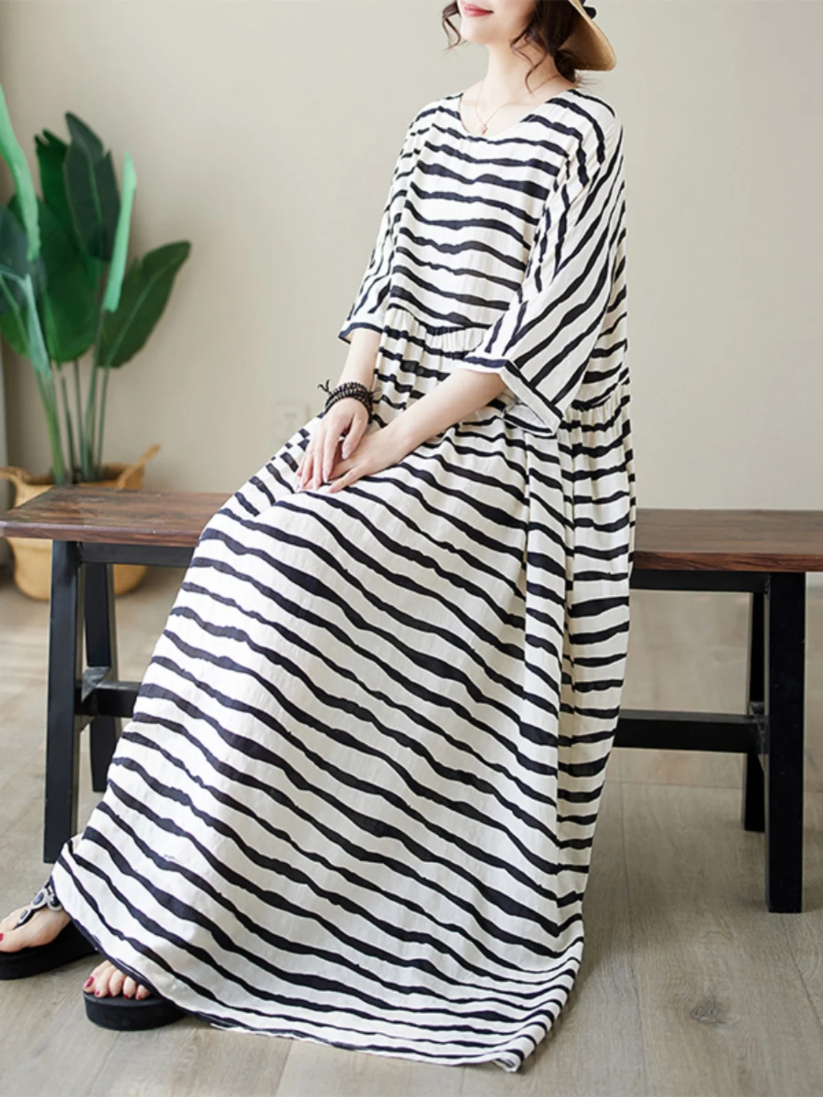 n ロング丈 ドクターサマー 薄手 コットンリネン ラウンドネック シンプル ストライプ柄 プラスサイズ レディース服