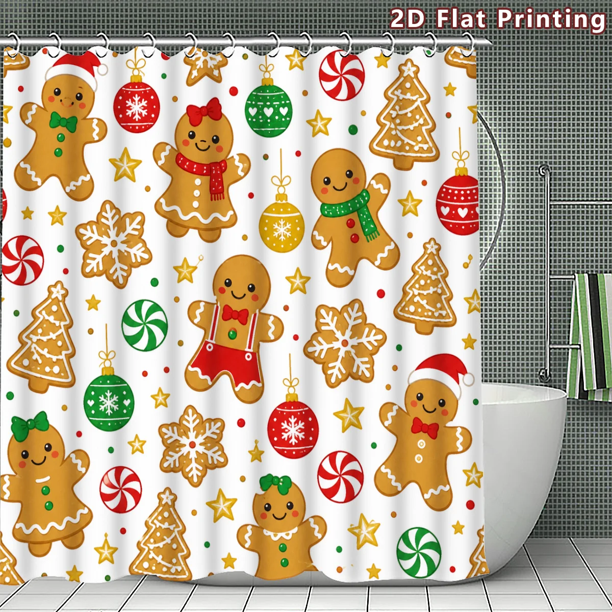 Cute Christmas Shower Curtain, Cartoon Gingerbread Men, Candy Ornaments & Snowflakes Print, Washable Bathroom Decor Curtain