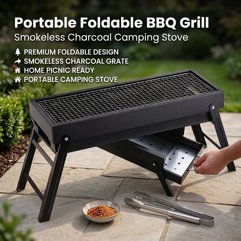 

Portable Foldable BBQ Grill Set, Smokeless Charcoal Camping Stove Kit, Outdoor Cooking for Home Picnic