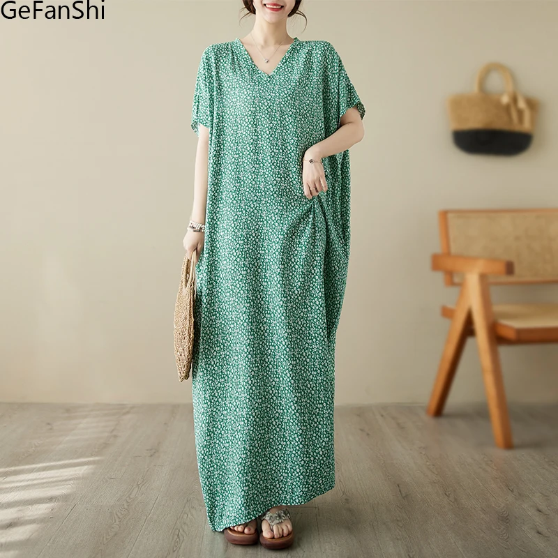 

New Bohemian Summer Print Vintage Short Sleeve Long Dress Women Loose Casual Beach Maxi Dresses Robe Ladies Oversized Clothing