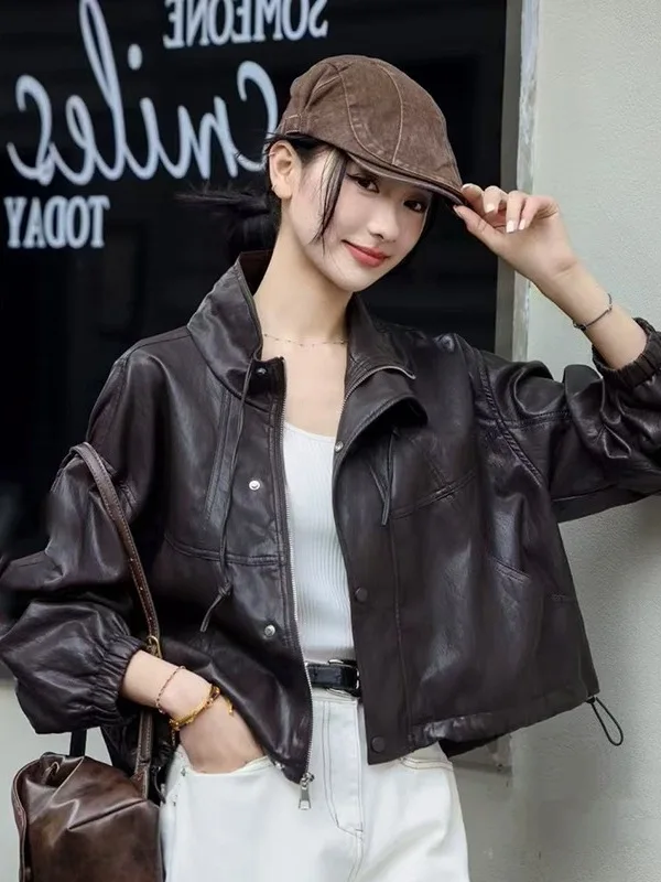 JJS2025 쿨 스타일 짧은 블랙 가죽 재킷 여성 슬림 핏 라운드 넥 코트 봄 가을 패션 아우터웨어