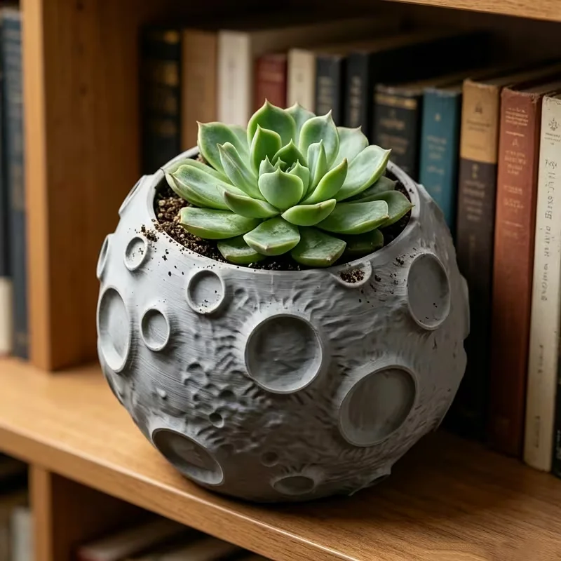 Moon Planter Pot with Lunar Surface Design & Realistic Texture Suitable for Small Plants, Outdoor Succulent Pot