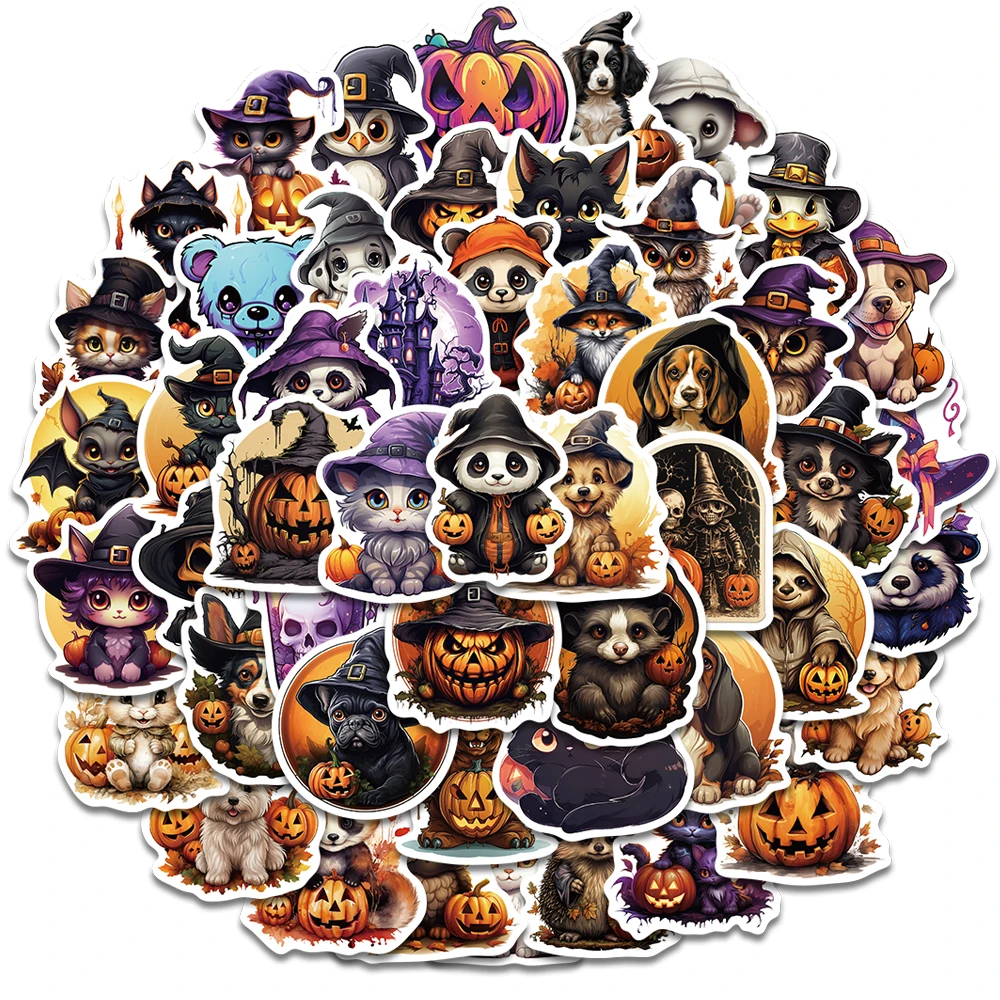 50PCS Cute Animal Pumpkin Little Wizard Stickers Pumpkin Cartoon Skateboard Happy Halloween Decoration Community Dormitory ﻿