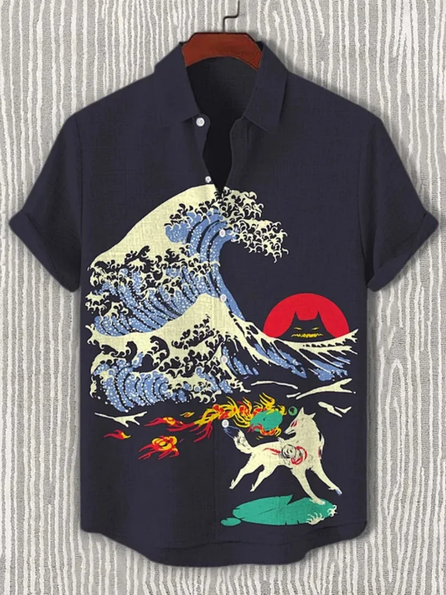 Summer new wave printed short-sleeved shirt for men, fashionable retro cartoon animal casual loose lapel short-sleeved top