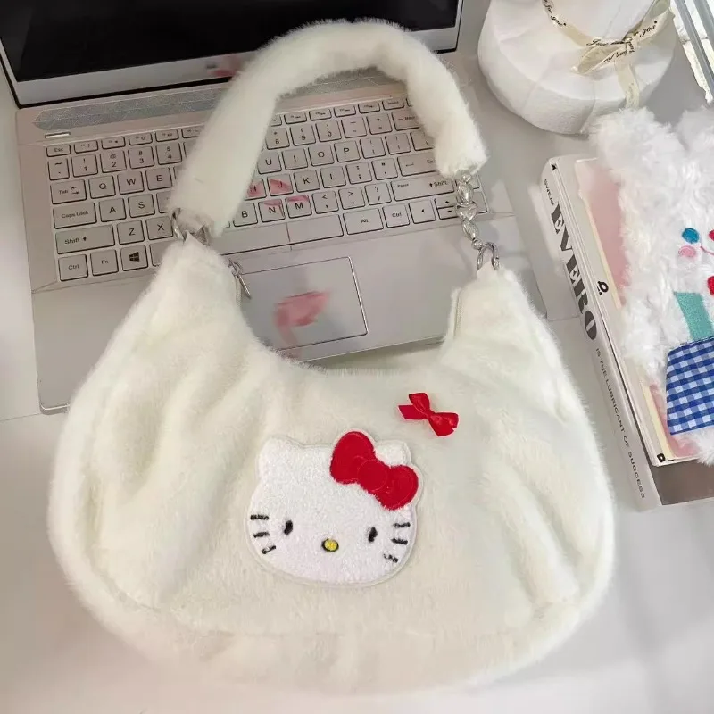 MBTI-Bolsos de hombro de Hello Kitty para mujer, bolso de mano de felpa blanca, bonito y dulce, Y2k, bolsos estéticos originales, 2024