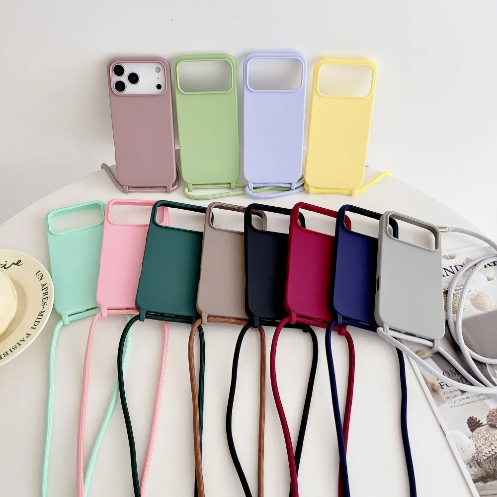 Funda suave de silicona mate para iPhone 17 Pro Max 16 15 13 12 14 Pro Max, collar con cordón cruzado, funda con correa de cordón antipérdida