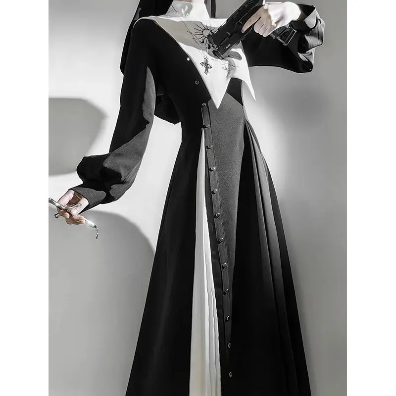 Black White Nun Dark Lolita Dress Halloween Gothic Long Sleeve Button Dress Cosplay Draped Harajuku Subculture Party Vestidos