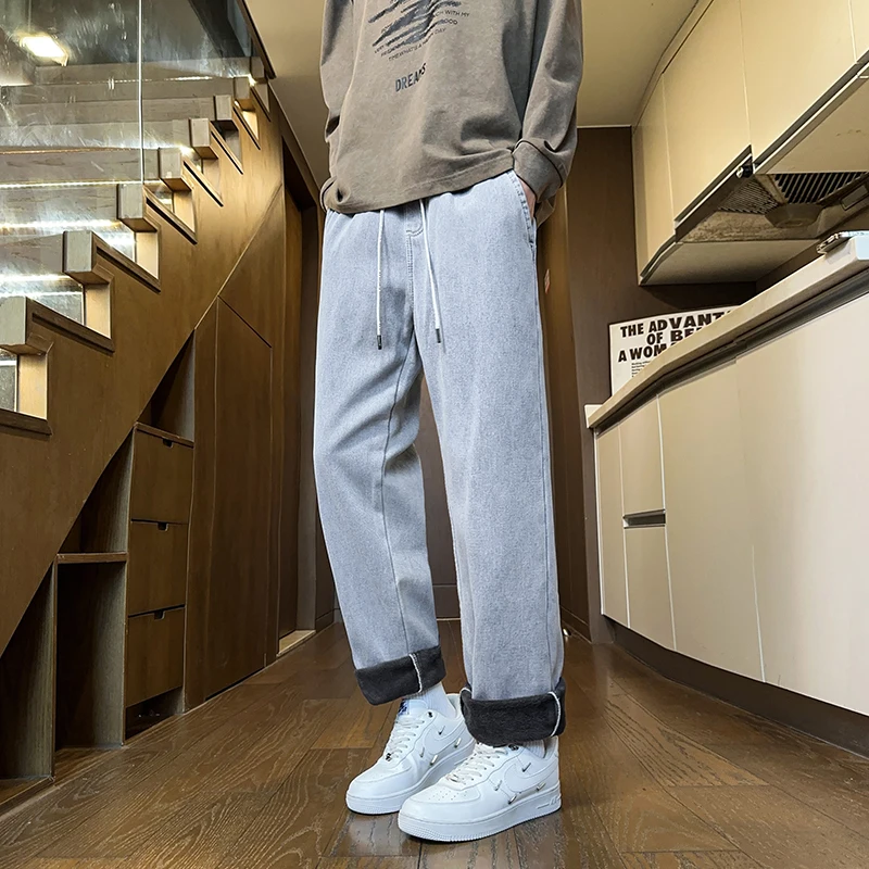 겨울 두꺼운 남성용 스트레이트 진 단색 패션 플리스 따뜻한 바지 클래식 벨벳 루즈 데님 팬츠 남성용 S-5XL