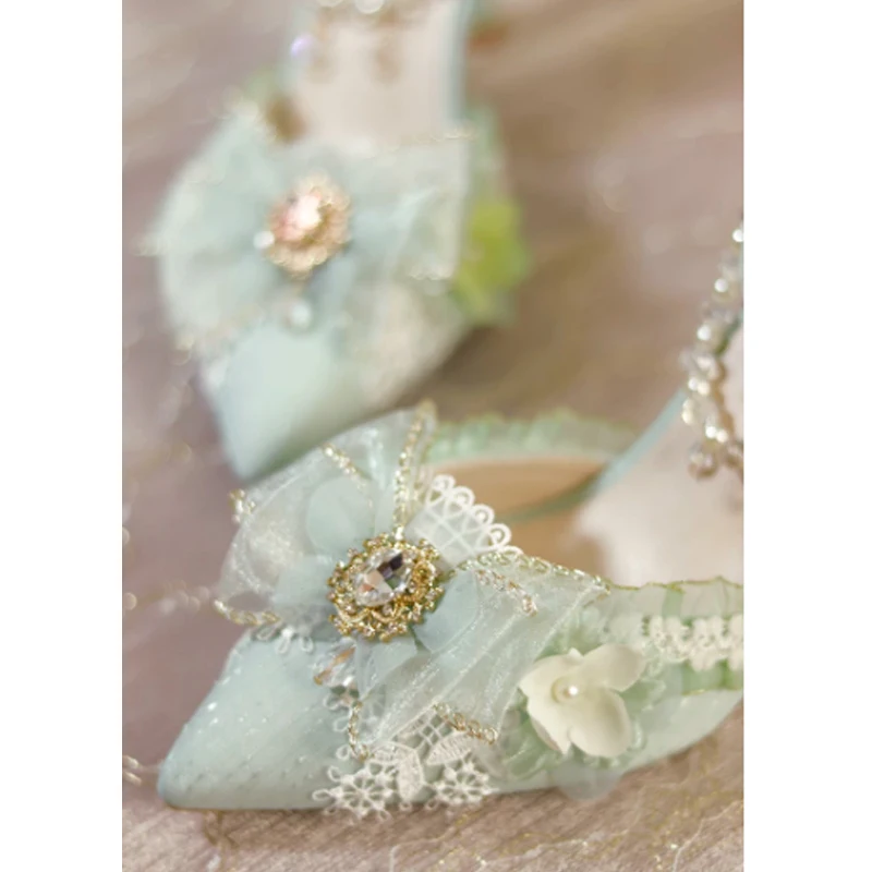 Mint Green Lace Bow Pearl Ankle Strap Pumps Lolita High Heels Sweet Pointed Toe Wedding Party Shoes for Women Tea Party Cosplay
