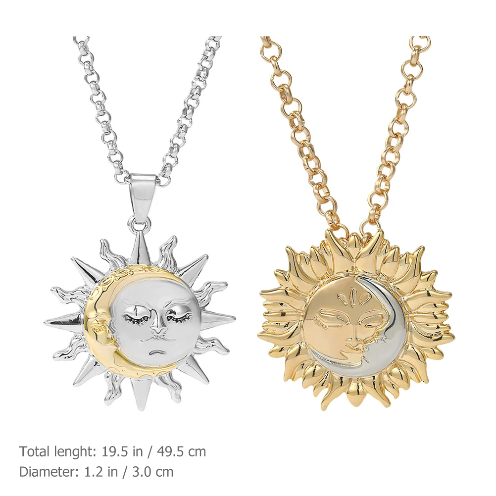 

2Pcs Sun Moon Pendant Necklace Alloy Couples Gift Sweater Chain Jewelry Bohemian Daily Wear Travel Accessories