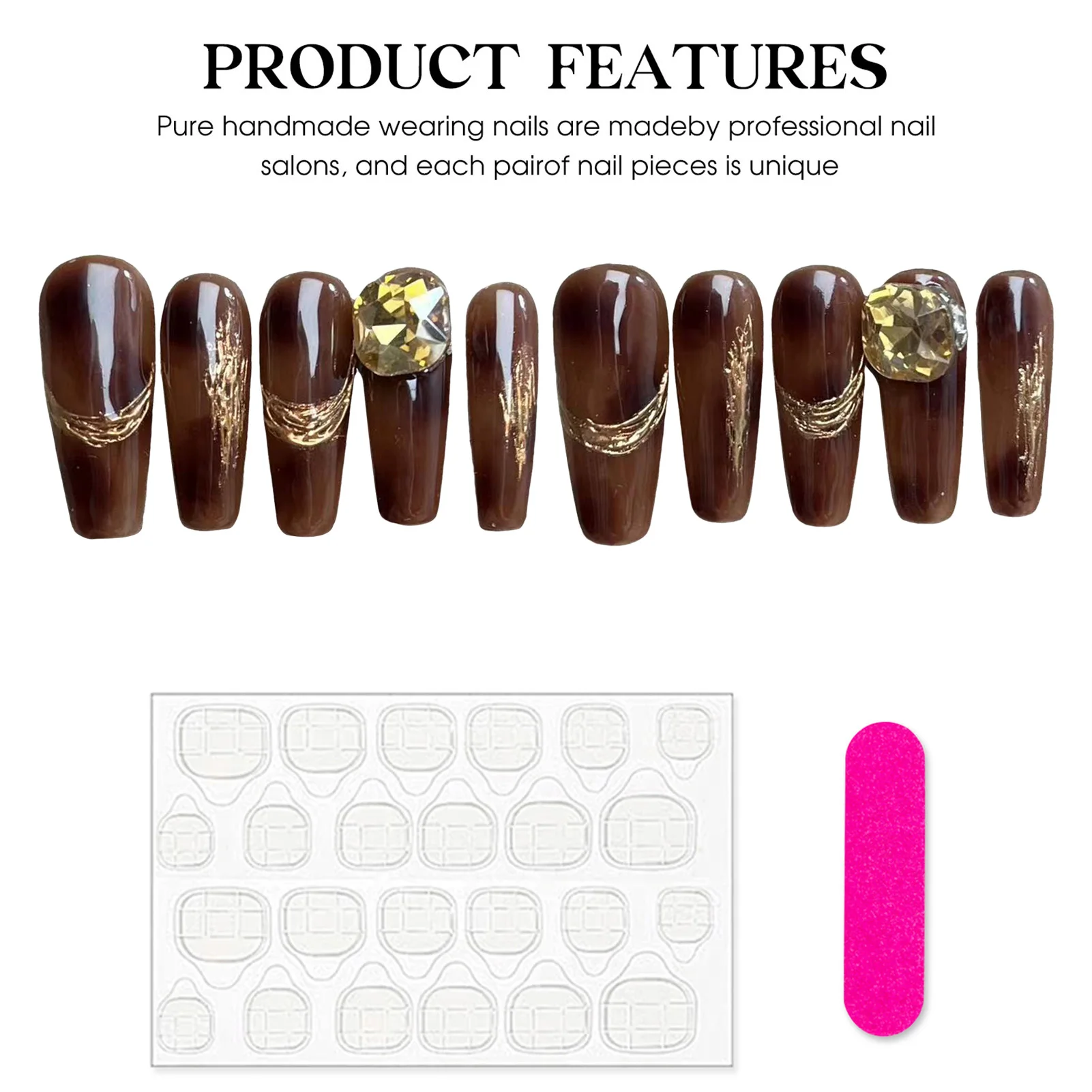 手作りのフェイクネイル,ゴールデンストリップ,光沢のあるブラウン,プレス,ミドル丈の棺,ダイヤモンドデザイン,10個