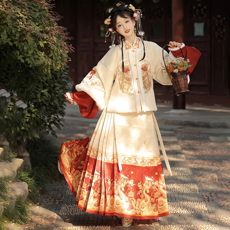 

Оригинальный костюм Ханьфу Han Tang Huayun【èng Rèn Lóng lǐ】для женщин, новогодний наряд, юбка с флисовой подкладкой, традиционный китайский косплей-костюм.