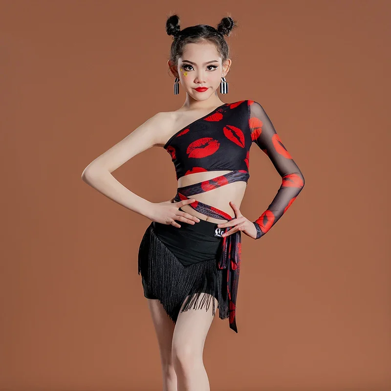 Girls Latin Dance Costume Outfit Single Sleeve Tops Tassel Skirt ChaCha Dancing Clothes Children Samba Tango Practice Wear