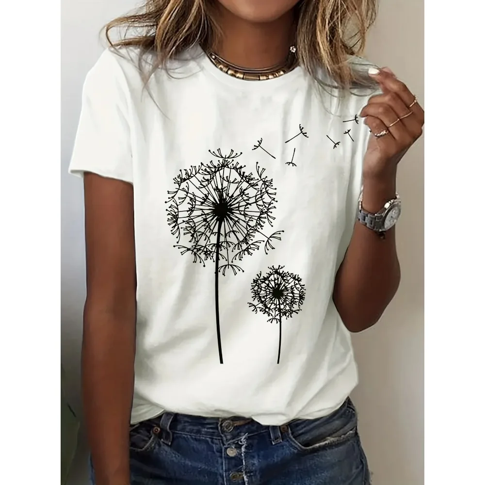 Dandelion Print Crew Neck T-Shirt Casual Short Sleeve Fashion Illustration Tee Fresh And StylishTop Classic Design Relaxed Chic