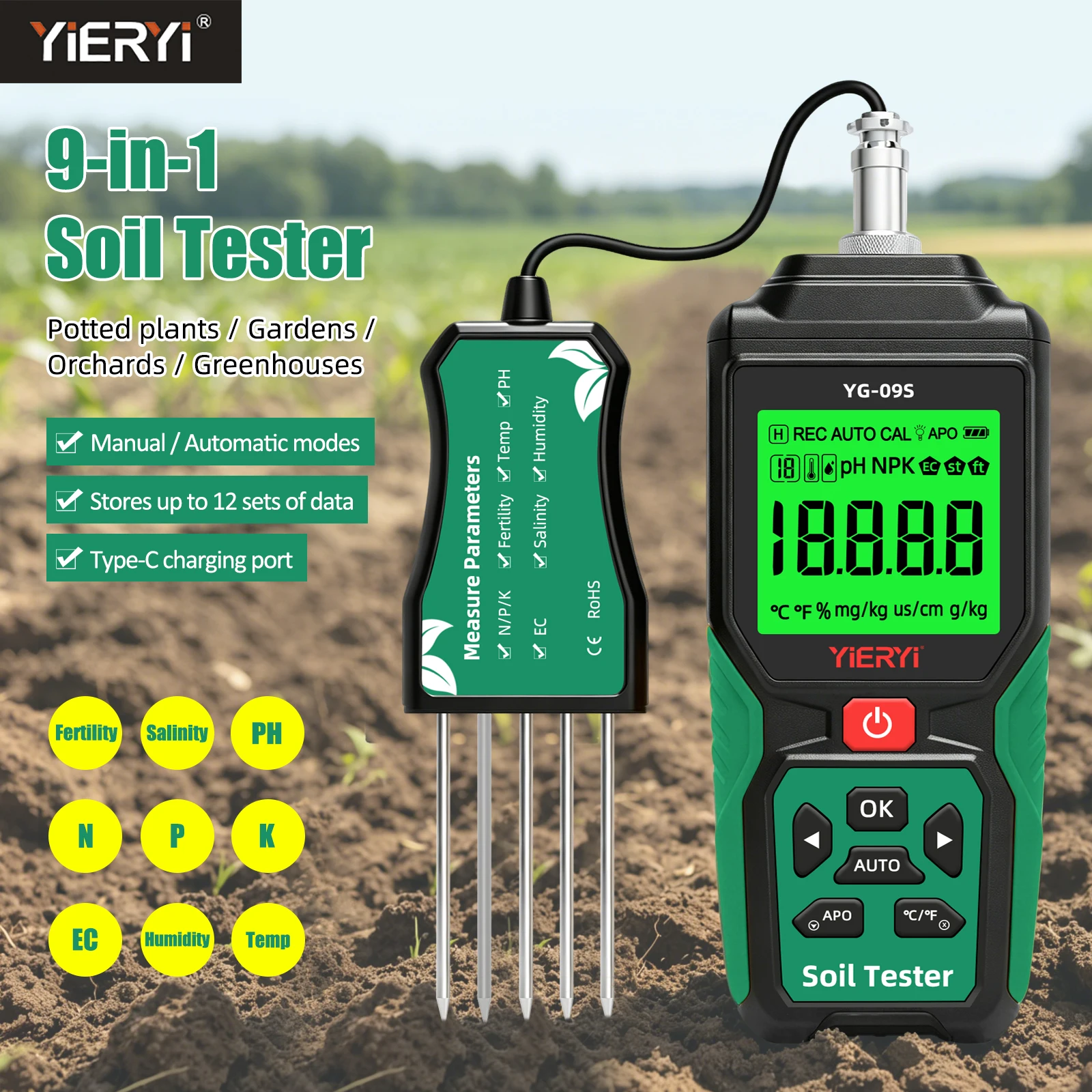 Yieryi 9-in-1 Soil Tester Split NPK Sensor Rechargeable Digital Soil pH Tester EC Meter Plant Water Monitor for Garden Farm