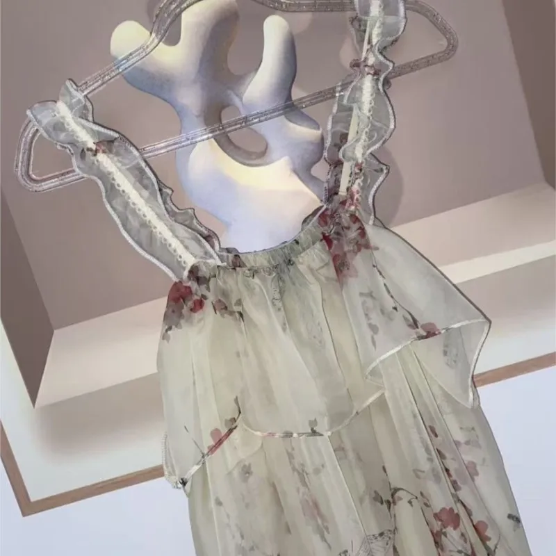 Men Women Floral Print Ruffles Suspender Dress Loose Maxi Dress Plus Size Pajamas Robe Sexy Soft Silky Night Dress Costume