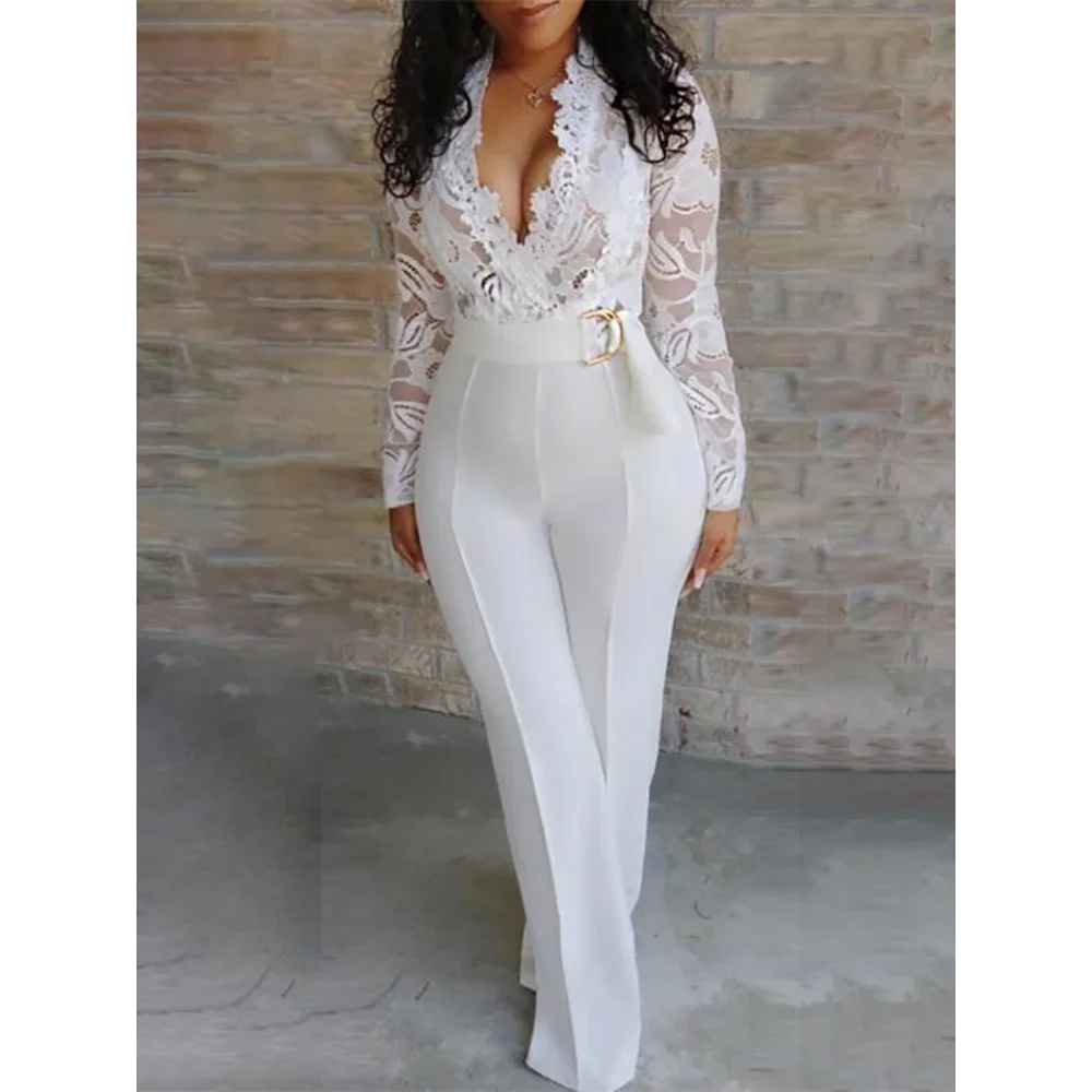 Elegant White Jumpsuits for Women, Lace Stitching, Long Sleeve, V-neck, Wide Leg Trousers