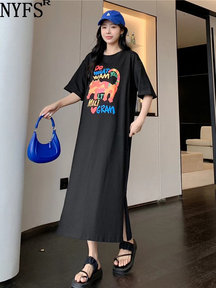 

NYFS 2023 Summer New Korea Woman Dress Vestidos Robe Elbise Loose Plus Size Short Sleeve Pocket Slit Print Long Dresses