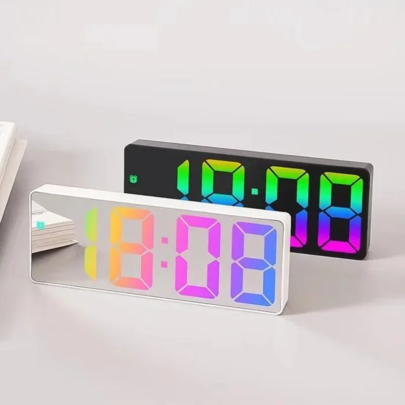 Digital Alarm Clock Colorul Fonts LED Clocks for Bedroom Electronic Desktop Display 3 Alarm Settings Voice Control Table Light