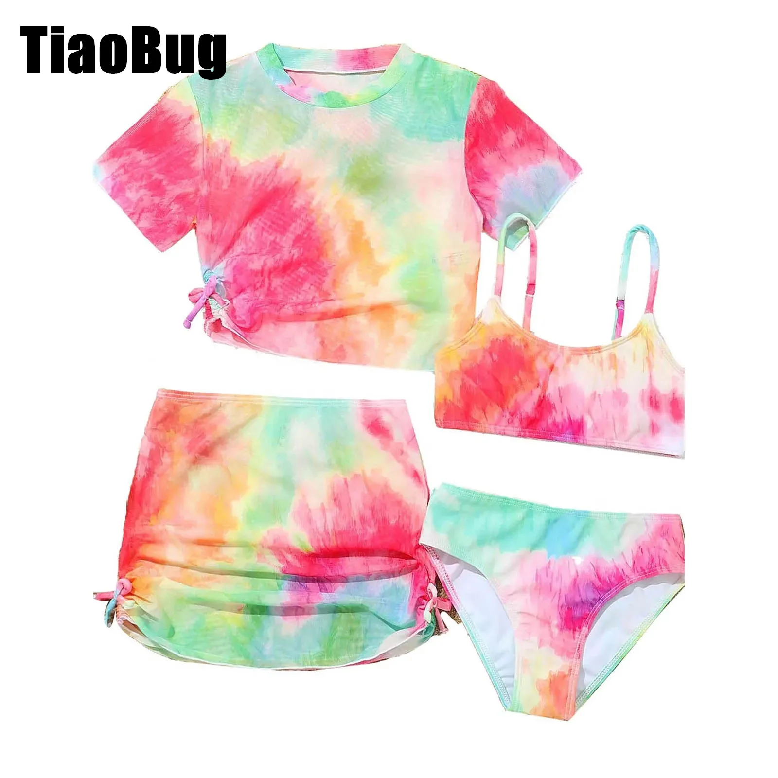 

Colorful Print Bathing Suit Set for Girls 4 Piece Swimsuits Tankini Bikini Swimwear with Cover Up Top And Beach Skirt Set