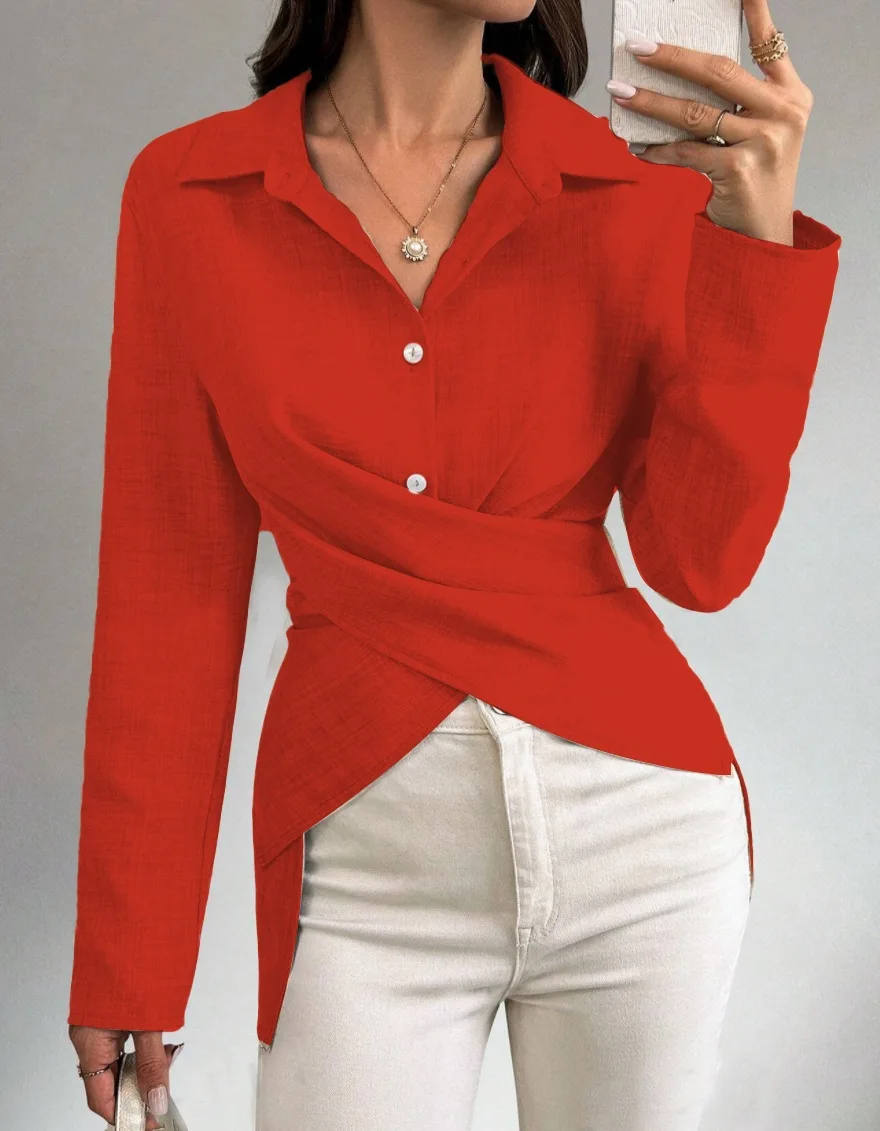 Women's Solid Color Collar Button Long Sleeve Irregular Waist Solid Color Shirt 20224 Spring and Autumn