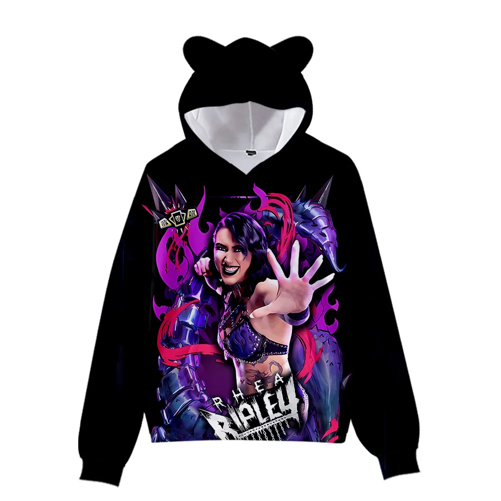 Rhea Ripley Merch Hoodies Sweatshirt für Mädchen, Katzenohr-Crop-Pullover, bedruckte Freizeitkleidung