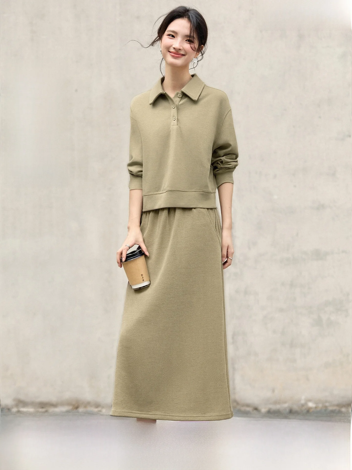 

Khaki Green Collared Sweatshirt Set Women's Loose Fit Straight Leg Midi Skirt Two Piece Set Casual Style Pure Color Design