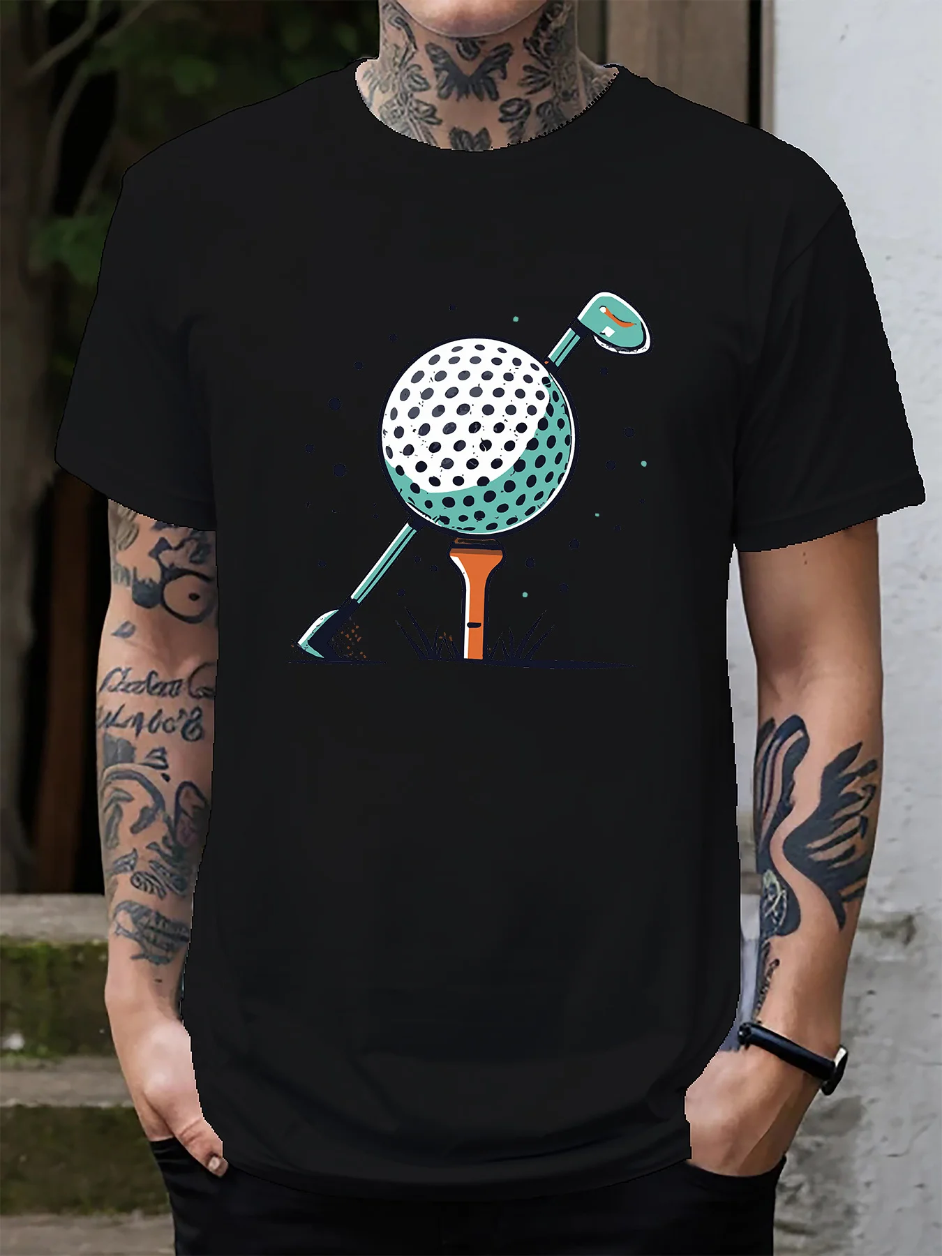 Cartoon Golf Ball And Club Mens Crew Neck T Shirt Golf Sport Graphic Short Sleeve Tee Golfer Lover Casual Male Summer Street Top