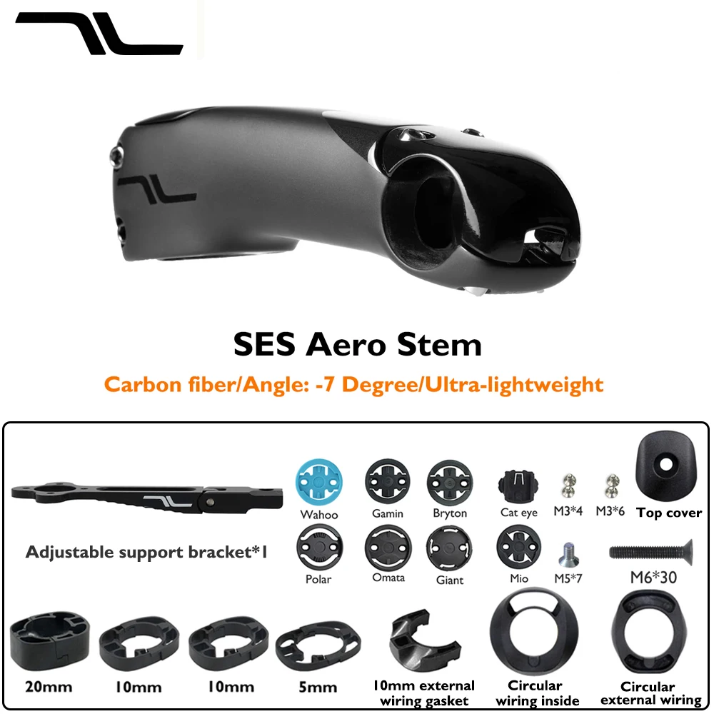 SES Aero Carbon Fiber Stem, Road Bike Stem, Internal Cable Routing, -7° Angle, 80mm-130mm, Includes Bracket/Spacers Accessory