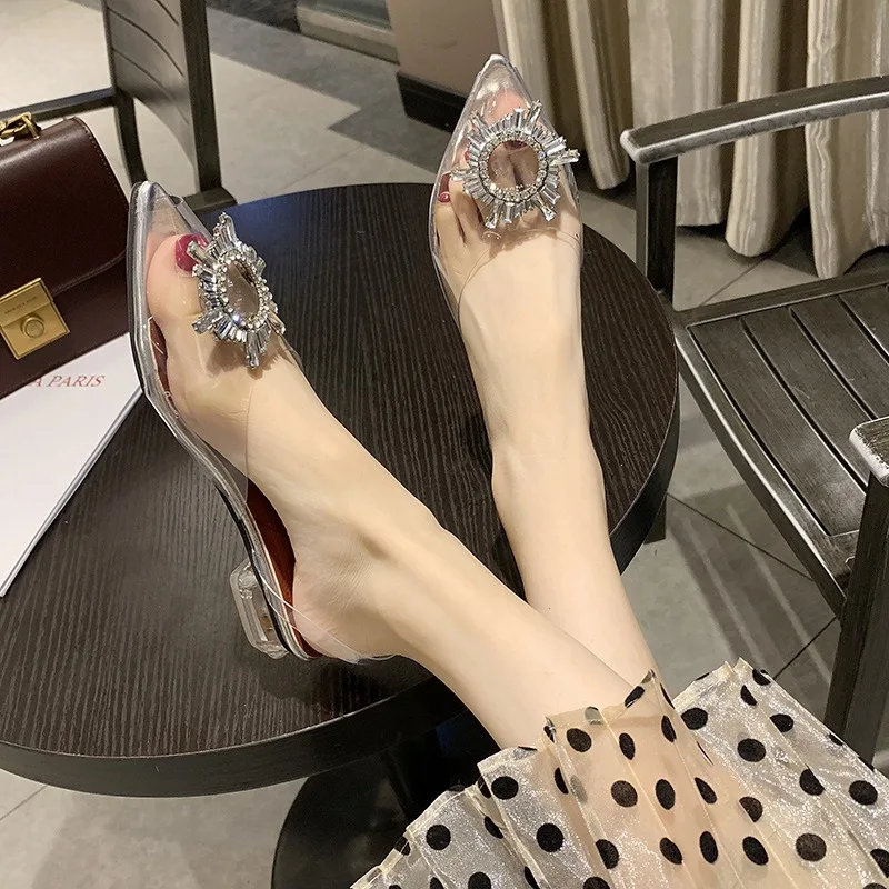 Women High Heel Sandals Summer Pointed Toe Rhinestone Low Heel Thickened Transparent Fashion Crystal Fashion Sandals for Women