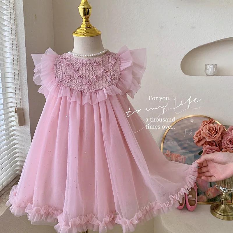 

Girls' Flower Dress Summer Dress2024New Baby Girl Princess Dress Summer Little Girl Sleeveless Tulle SkirtChangx