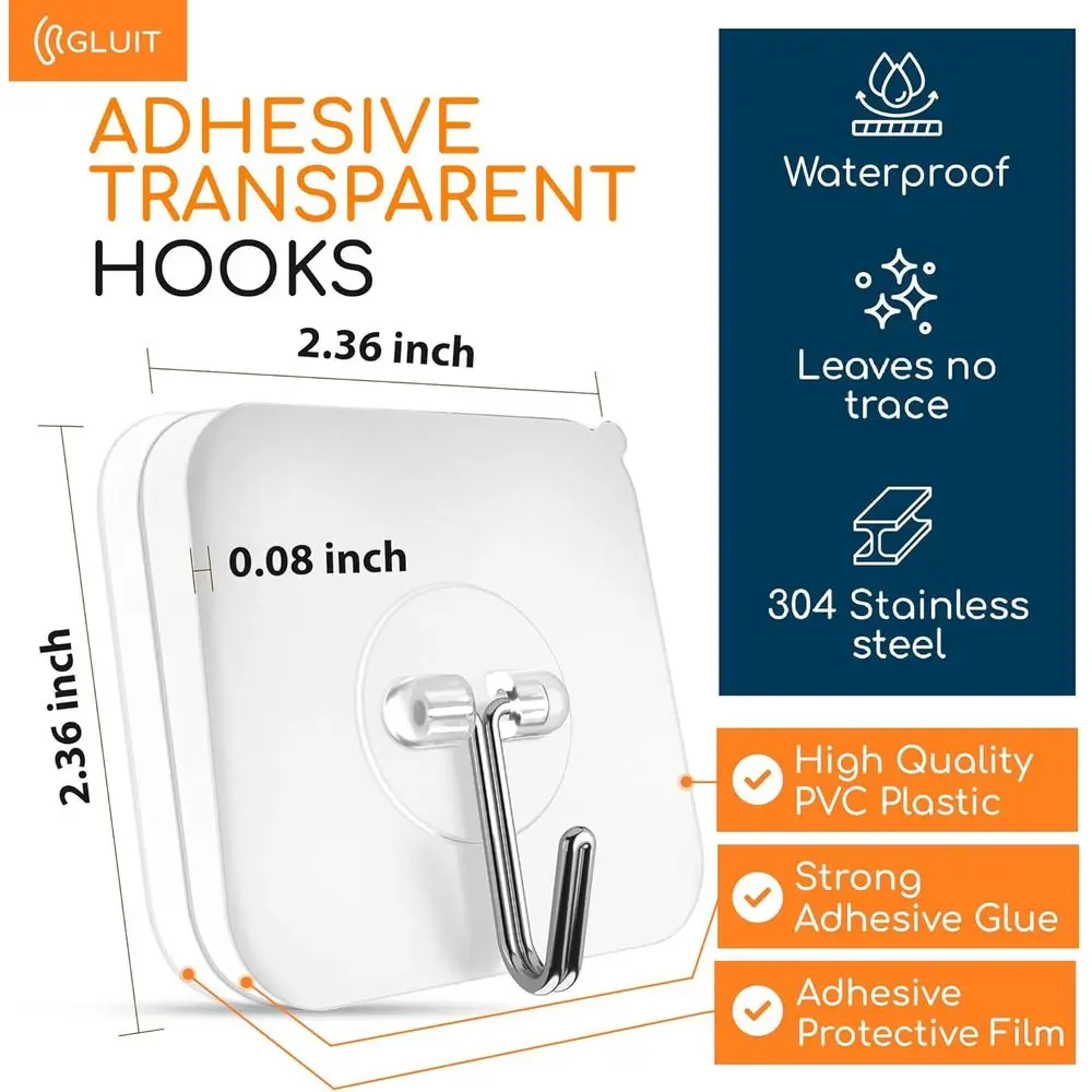 Clear Adhesive Hooks, Heavy Duty 22 lbs, Waterproof, 12 Pack for Home, Bathroom, Kitchen, Office, Outdoor Use