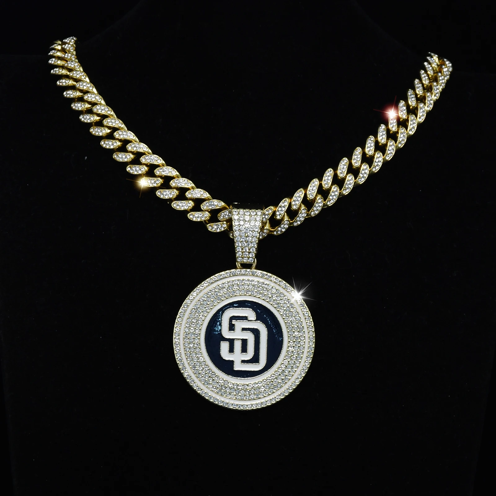 Full Rhinestone SD Letter Necklace Large Round San Diago and Padres Mens 20