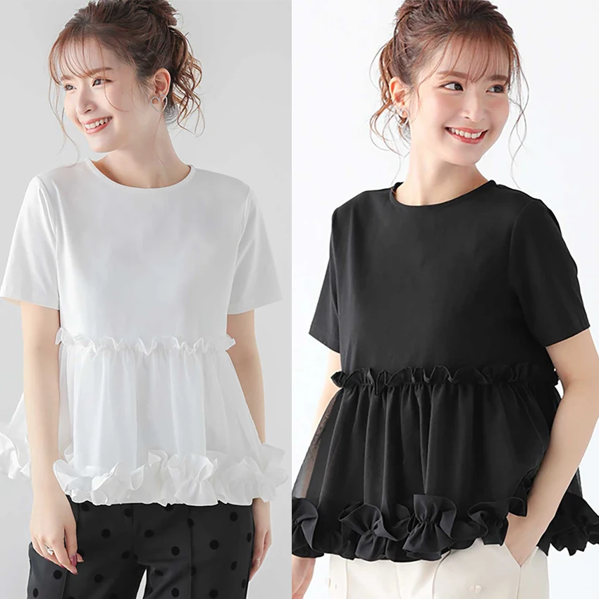 

Футболка с модной кружевной отделкой Me Splice Cotton ort Sve, свободный топ с белым воротником, японский женский летний круглый топ Ne