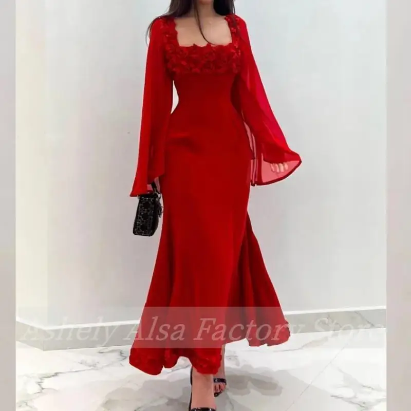 Customized  Elegant Red Women Formal Evening Dresses 2025 Square Neck Flower Ankle Length Special Occasion Party Gown Prom Wear