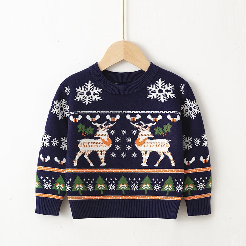 2024 Christmas Sweater Winter Kids Cotton Warm Knitwear Autumn Boys Girls Cartoon Print Pullover Knit Clothes 2-6 Years