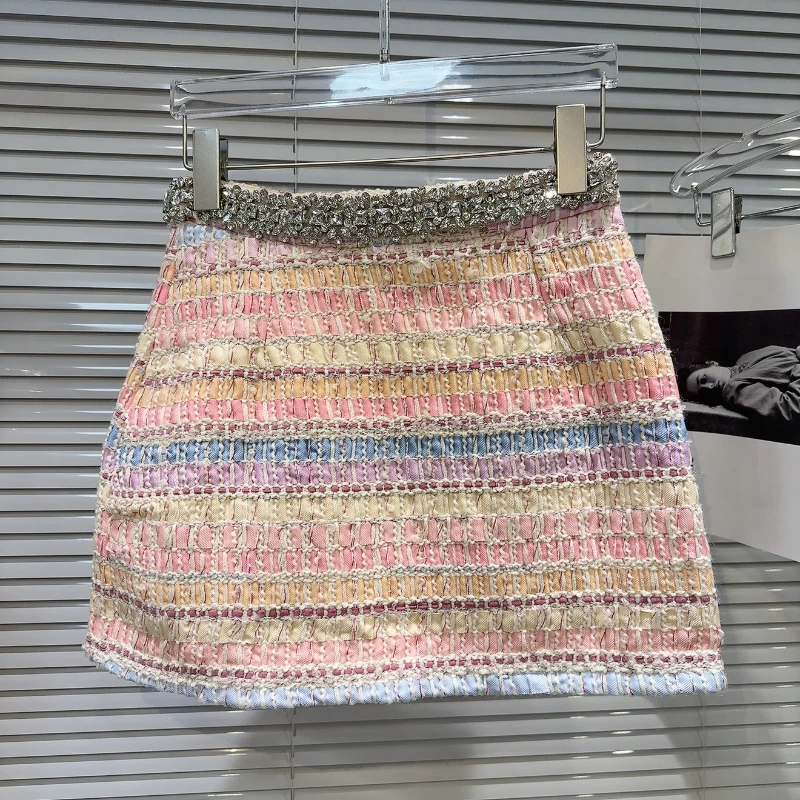 Mulheres primavera nova borda de strass halter coletes feminino listra contraste cor saias curtas moda commuter conjunto de duas peças