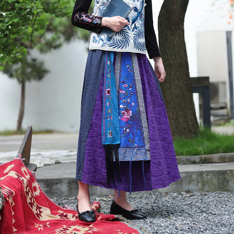 

TIYIHAILEY Long Maxi Women Cotton And Linen Skirts A-line Elastic High Waist 2026 Embroidery Ladies Spring Autumn Chinese Style