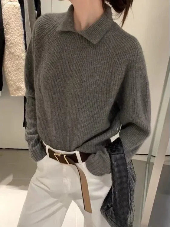 

mat Sle Women's Knitted Sweater Collar Base Layer Striped Design Early Autumn Faionable Top Soft Loose Fit Lo...