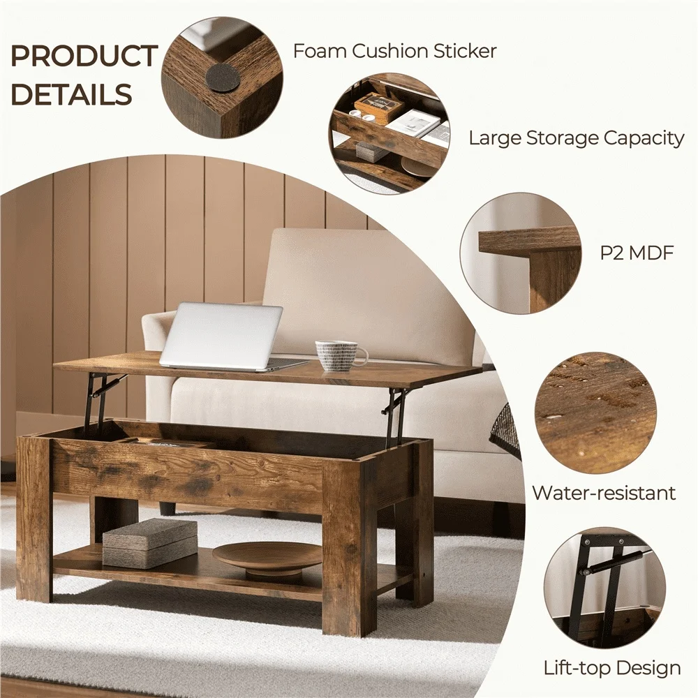 طاولة قهوة حديثة قابلة للرفع مع حجرة تخزين مخفية، تصميم متعدد الوظائف، مساحات صغيرة، سهلة الصيانة، لمسة نهائية ريفية