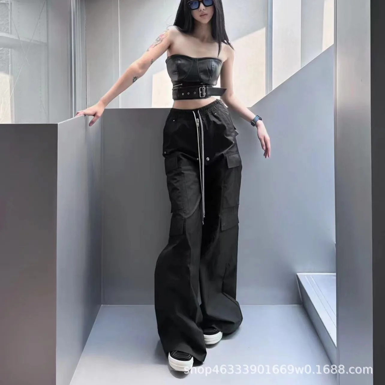 Rick RO Dark Style New Multi-pocket Work Pants - Floor-length Wide-leg Flared Casual Pants